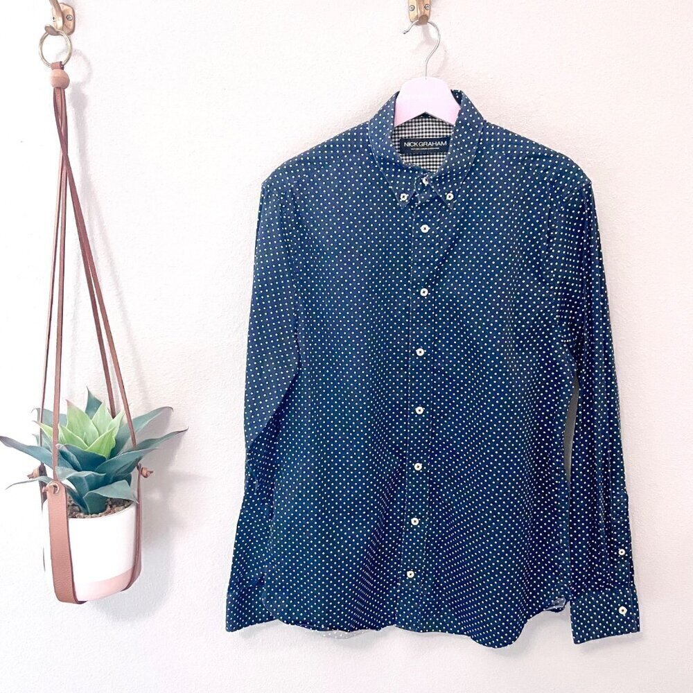Nick Graham Slim Fit Navy Polka Dot Long Sleeve Button Down Shirt Size M